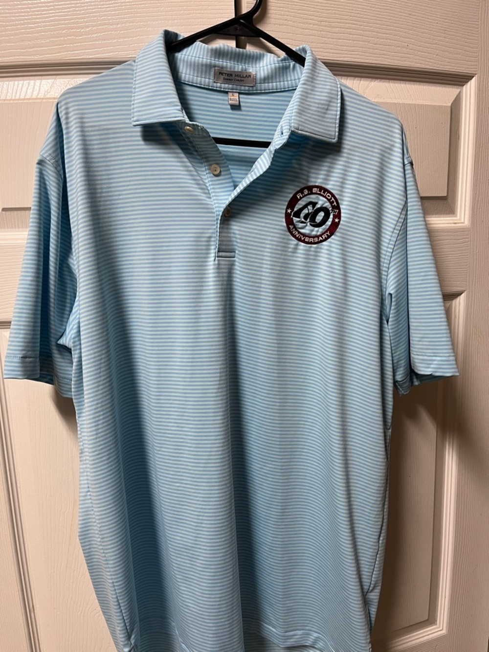 Peter Millar Sky Blue White Pinstripe Polo with Anniversary Patch. Large - Picture 3 of 7